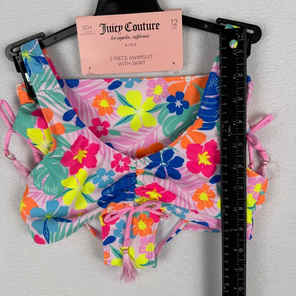 NEW Juicy Couture 2 Piece Swimsuit Kids 12 Pink Colorful Floral Tassel Bikini